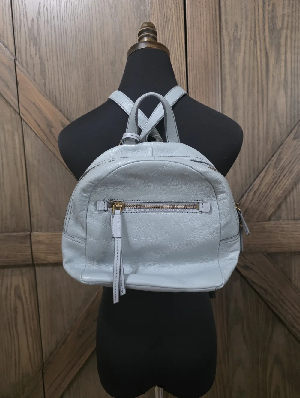 Fossil Pale Blue Leather Mini Backpack with Gold Accents - Picture 1 of 5